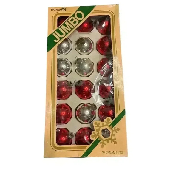 Vintage Pyramid Glass Holiday Christmas tree Ornaments Set of 18 Red & Silver - Picture 1 of 7